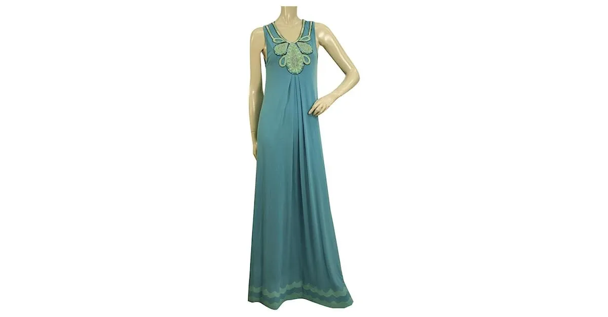 Autre Marque Vestido Maxi Largo Sin Mangas Peto Bordado Azul Turquesa Ranna Gill talla S Verde 