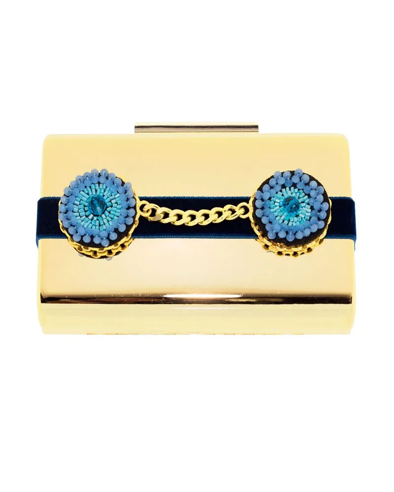 Clutch Dorado  Terciopelo Azul y Cadena