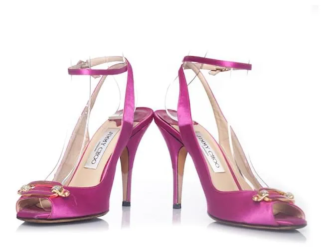 Jimmy Choo, sandalias peep-toe de cristal satinado rosa 