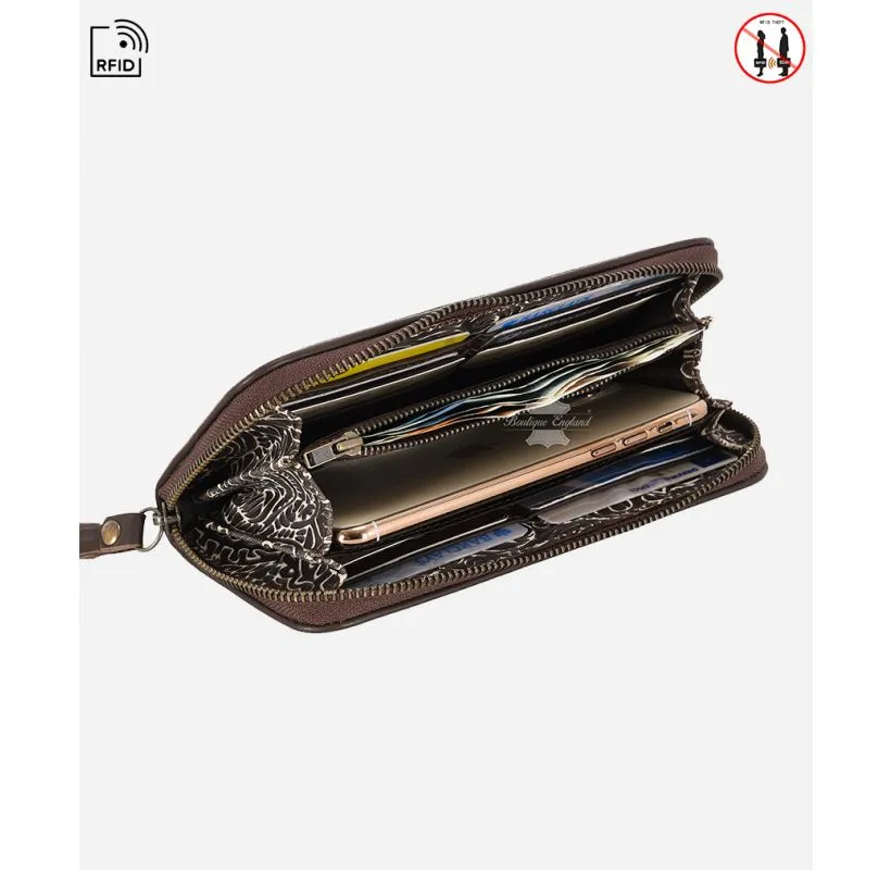 Women’s Floral Embossed Brown Zipper Clutch Wallet Real Leather RFID Purse